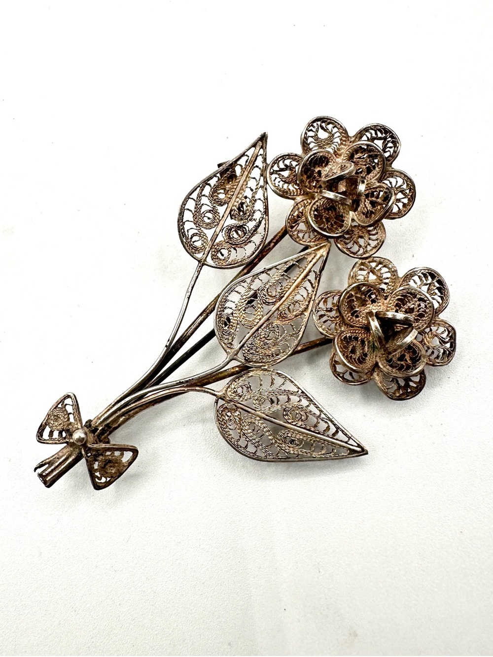 Vintage Sterling Silver Filigree Floral Openwork Brooch, 12.2g